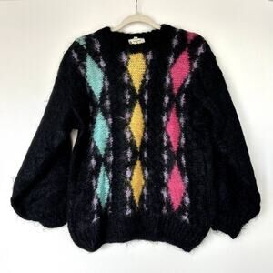 Vintage Tam O’Shanter Mohair Argyle Sweater Black UK 80s Punk Unisex Oversized L